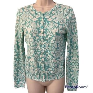 𝅺ann Taylor LOFT teal & white detailed button up sweater, S, floral pineapples.
